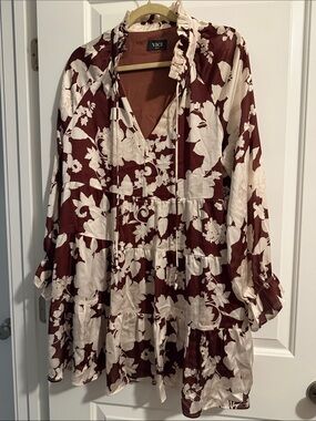 VICI Brown & White Mini Dress Boho Abstract Print Long Sleeve Boutique-size -M
